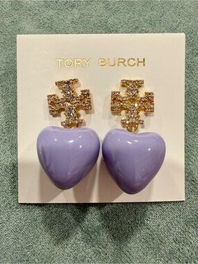 Tory Burch | Gold Plated & Crystal Logo with Lilac Heart Drop Earrings